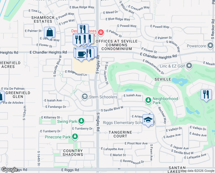 map of restaurants, bars, coffee shops, grocery stores, and more near 3296 East Castanets Drive in Gilbert