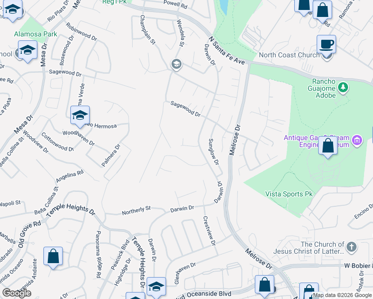 map of restaurants, bars, coffee shops, grocery stores, and more near 1117 Ocean Ridge Court in Oceanside