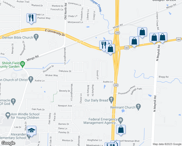 map of restaurants, bars, coffee shops, grocery stores, and more near 1227 Bayfield Street in Denton