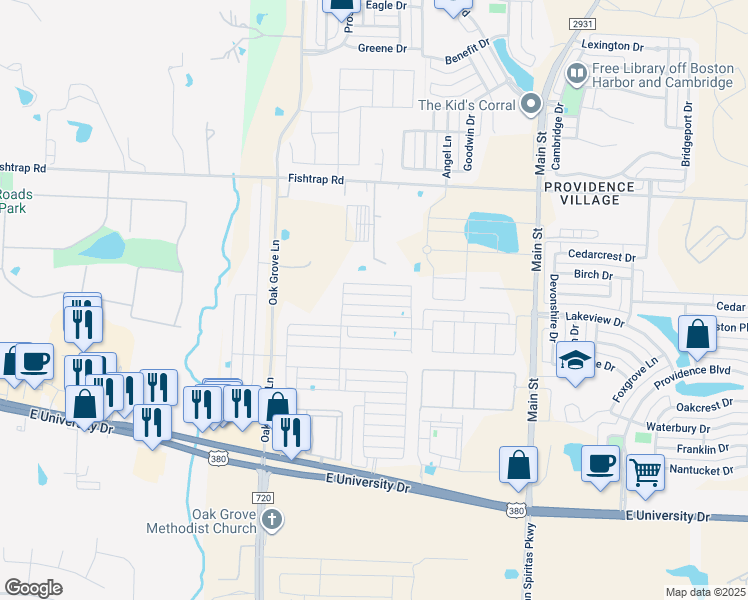 map of restaurants, bars, coffee shops, grocery stores, and more near 2345 Pyrite Drive in Aubrey