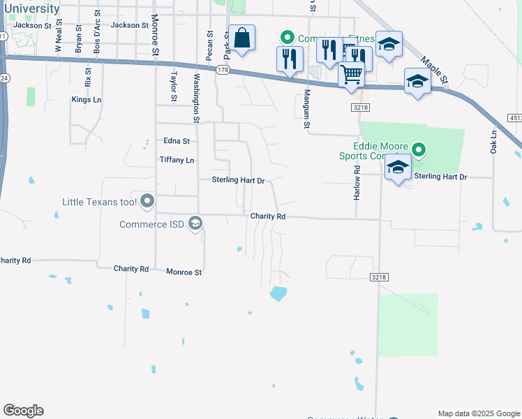 map of restaurants, bars, coffee shops, grocery stores, and more near 2400 Charity Rd in Commerce