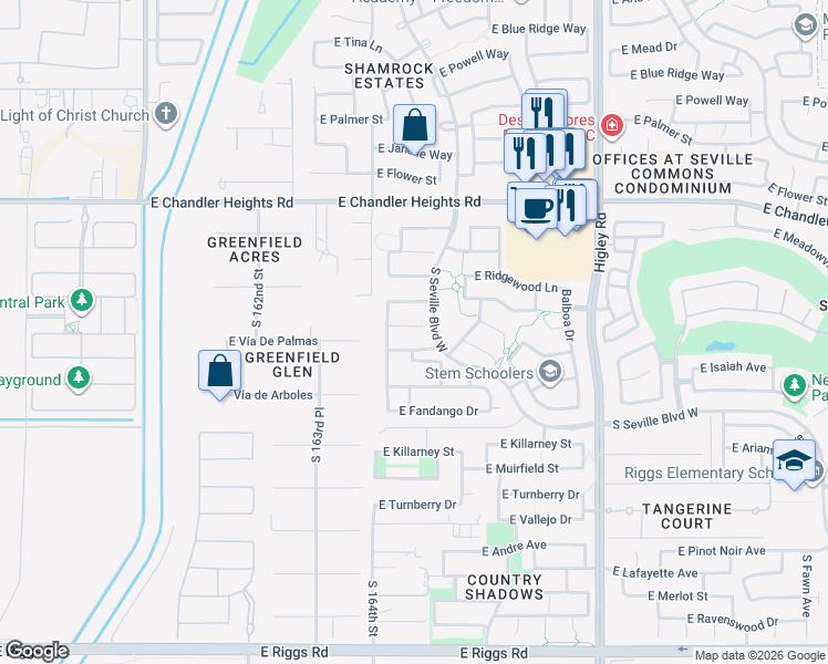 map of restaurants, bars, coffee shops, grocery stores, and more near 2867 East Sports Court in Gilbert