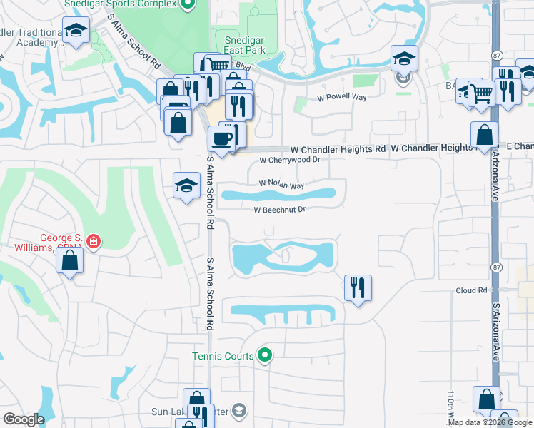 map of restaurants, bars, coffee shops, grocery stores, and more near 845 West Beechnut Drive in Chandler