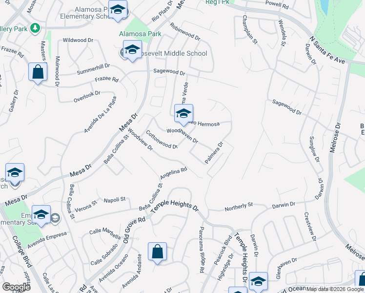 map of restaurants, bars, coffee shops, grocery stores, and more near 5015 Palmera Drive in Oceanside