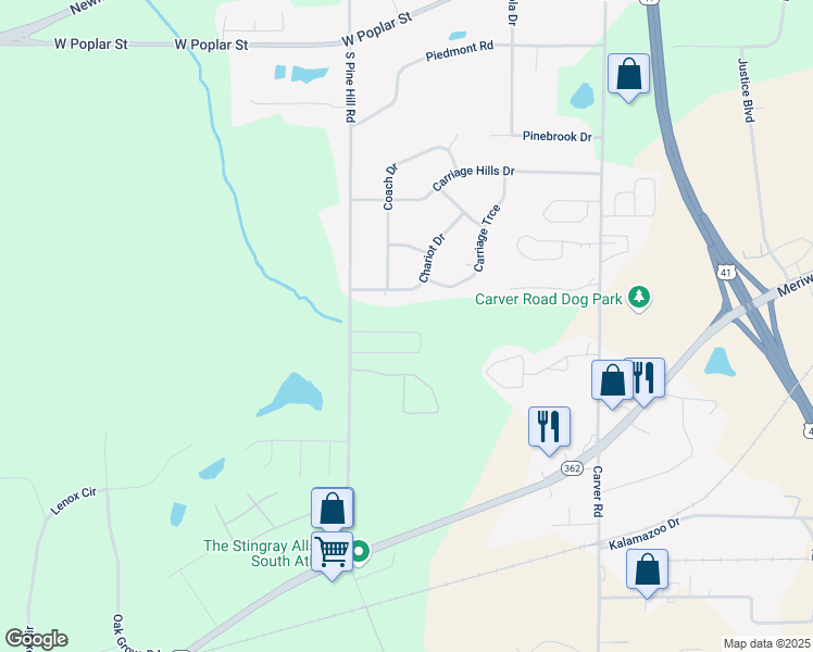 map of restaurants, bars, coffee shops, grocery stores, and more near Carrington Drive in Griffin