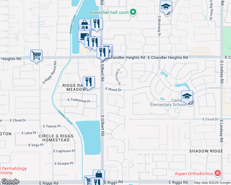 map of restaurants, bars, coffee shops, grocery stores, and more near 3130 East Cedar Drive in Chandler