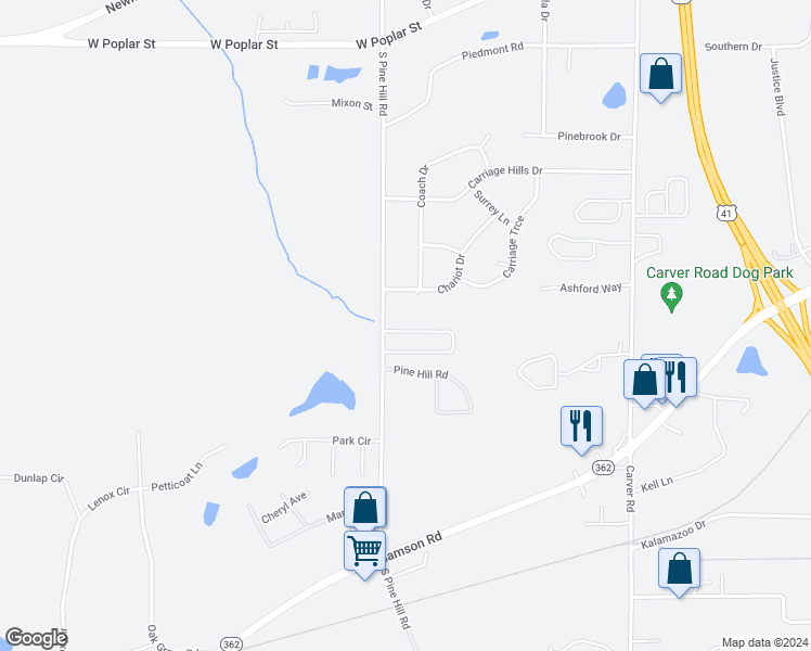 map of restaurants, bars, coffee shops, grocery stores, and more near 1711 Carrington Drive in Griffin