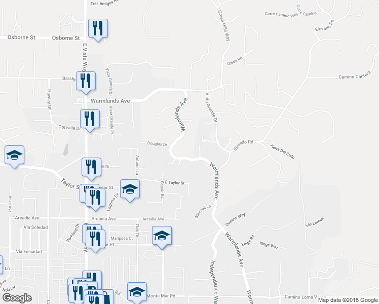 map of restaurants, bars, coffee shops, grocery stores, and more near 1947 Warmlands Avenue in Vista