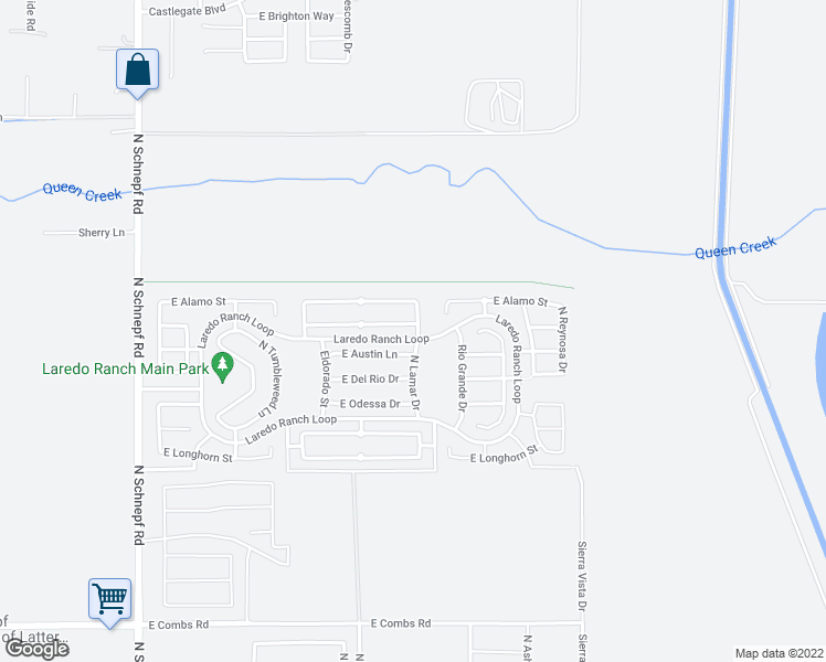 map of restaurants, bars, coffee shops, grocery stores, and more near 4445 East Velasco Street in San Tan Valley