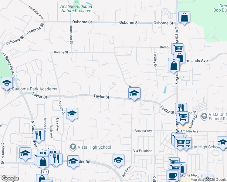 map of restaurants, bars, coffee shops, grocery stores, and more near 554 Taylor Street in Vista