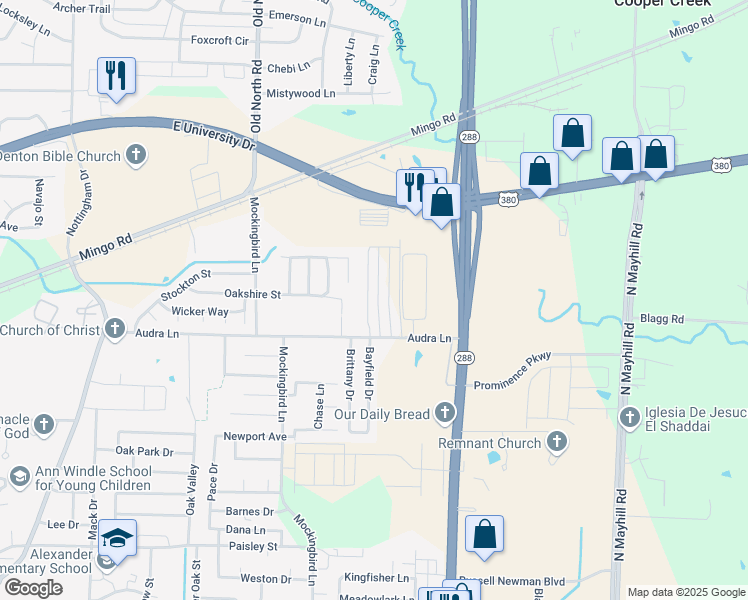 map of restaurants, bars, coffee shops, grocery stores, and more near 1300 Bayfield Drive in Denton