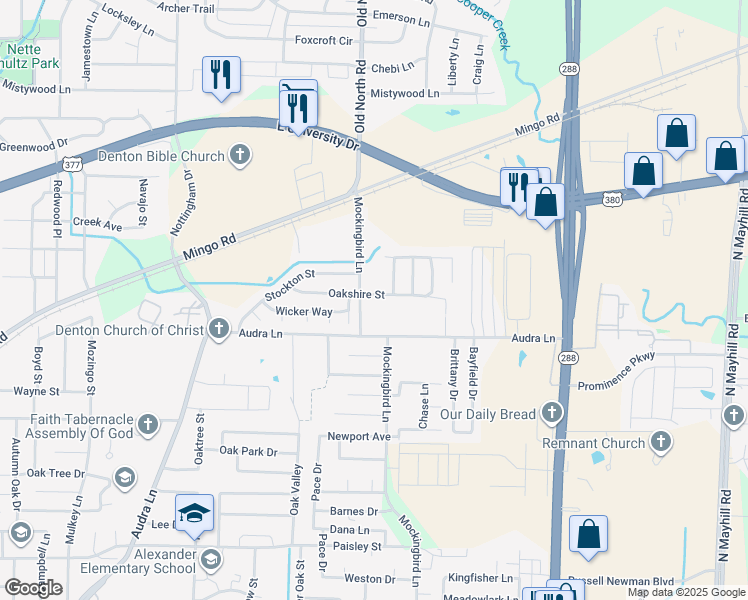 map of restaurants, bars, coffee shops, grocery stores, and more near 3008 Oakshire Street in Denton