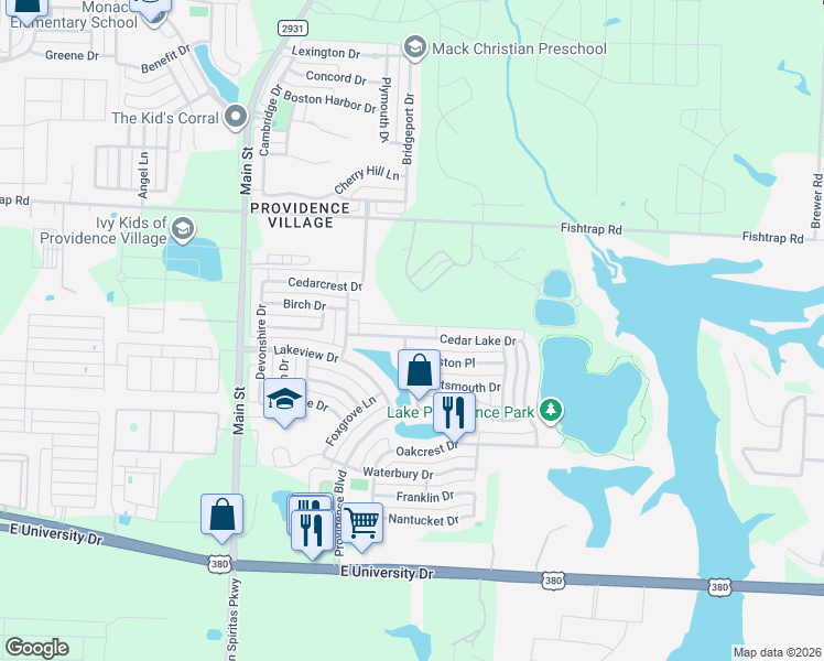 map of restaurants, bars, coffee shops, grocery stores, and more near 10115 Cedar Lake Drive in Providence Village