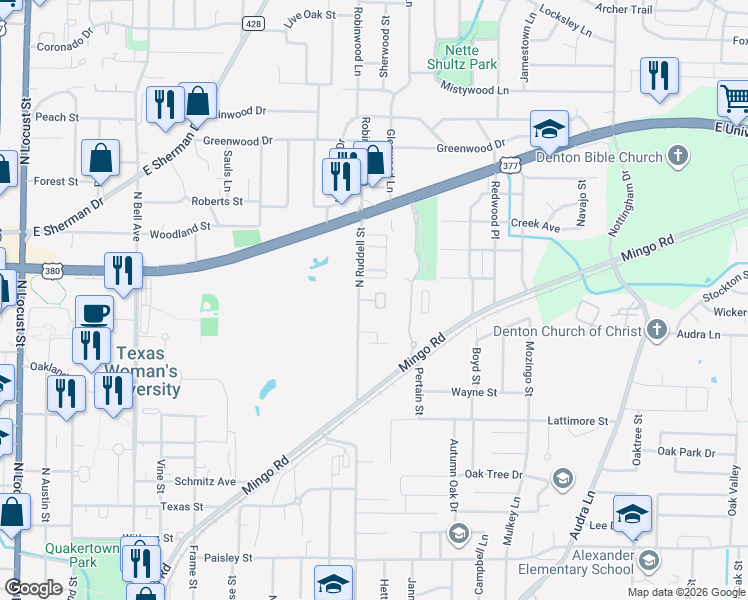 map of restaurants, bars, coffee shops, grocery stores, and more near 1702 North Ruddell Street in Denton