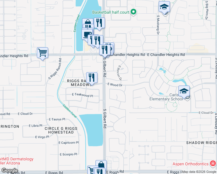 map of restaurants, bars, coffee shops, grocery stores, and more near 3010 East Cedar Drive in Chandler