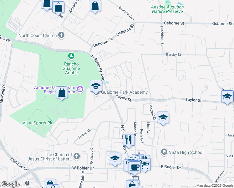 map of restaurants, bars, coffee shops, grocery stores, and more near 214 Paseo Marguerita in Vista