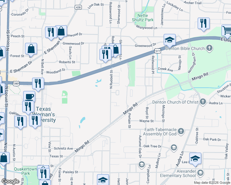 map of restaurants, bars, coffee shops, grocery stores, and more near 1702 North Ruddell Street in Denton