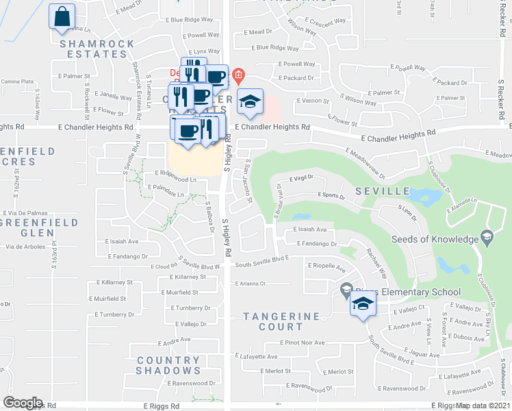 map of restaurants, bars, coffee shops, grocery stores, and more near 3296 East Castanets Drive in Gilbert
