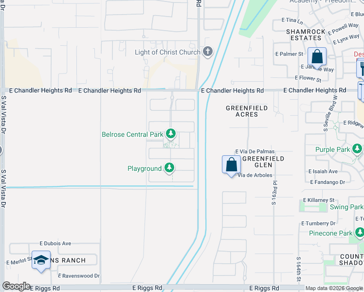 map of restaurants, bars, coffee shops, grocery stores, and more near 24394-25198 Roosevelt Wcd Csr in Gilbert