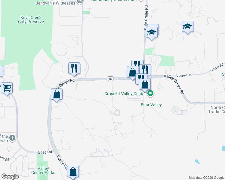 map of restaurants, bars, coffee shops, grocery stores, and more near 28515 Indian Creek Road in Valley Center