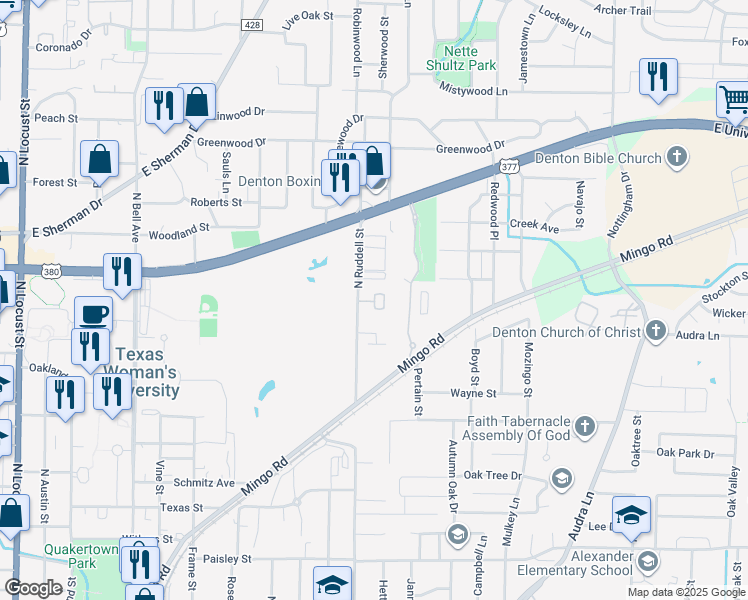 map of restaurants, bars, coffee shops, grocery stores, and more near 1702 North Ruddell Street in Denton