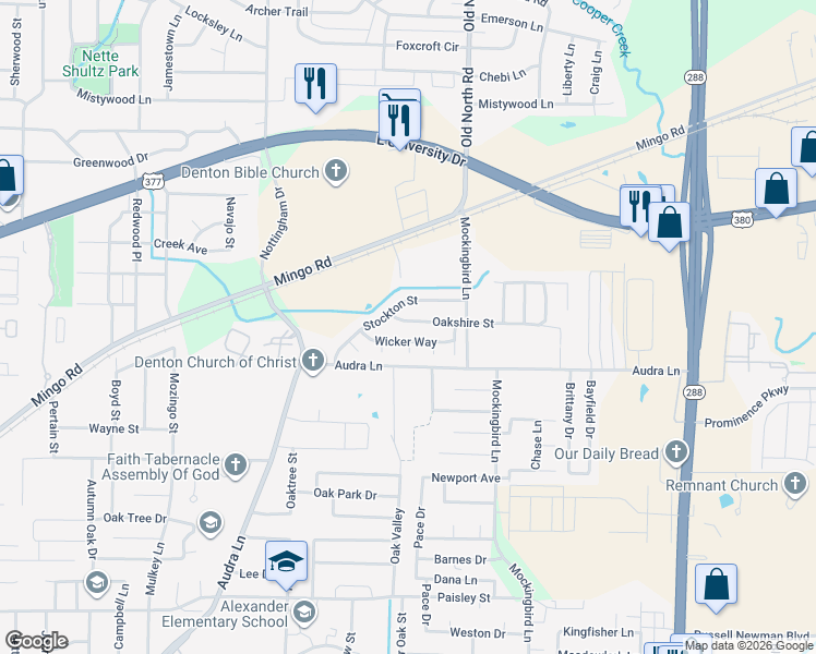 map of restaurants, bars, coffee shops, grocery stores, and more near 2912 Oakshire Street in Denton