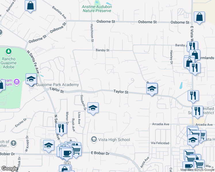 map of restaurants, bars, coffee shops, grocery stores, and more near 408 Taylor St in Vista