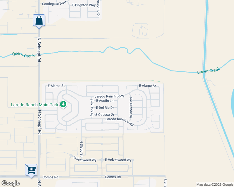 map of restaurants, bars, coffee shops, grocery stores, and more near 4445 East Velasco Street in San Tan Valley