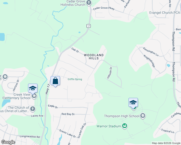 map of restaurants, bars, coffee shops, grocery stores, and more near 103 Redwood Drive in Alabaster