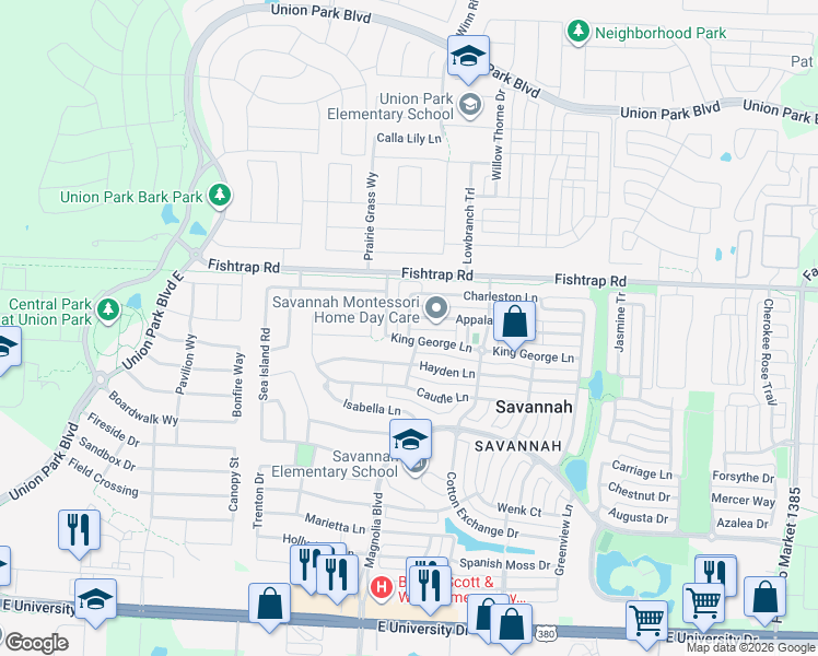 map of restaurants, bars, coffee shops, grocery stores, and more near 909 King George Lane in Denton County