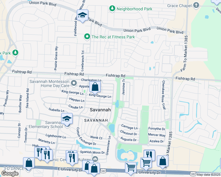 map of restaurants, bars, coffee shops, grocery stores, and more near 1233 Appalachian Lane in Aubrey