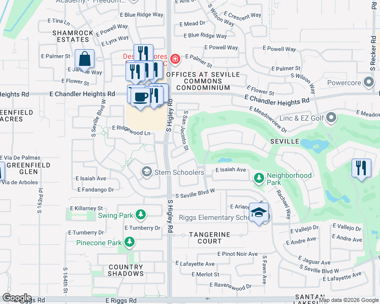 map of restaurants, bars, coffee shops, grocery stores, and more near 3275 East Sports Drive in Gilbert