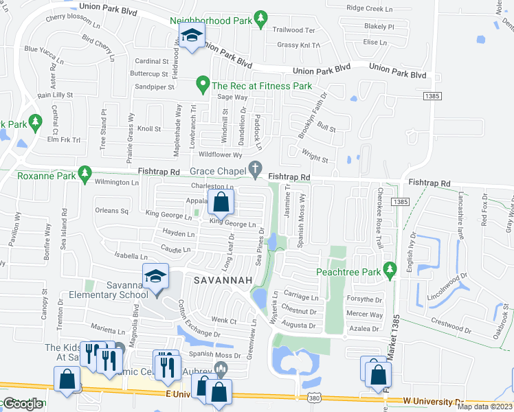 map of restaurants, bars, coffee shops, grocery stores, and more near 1233 Appalachian Lane in Denton County