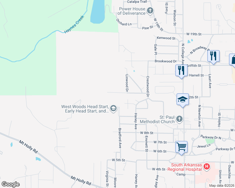 map of restaurants, bars, coffee shops, grocery stores, and more near 1401 Briarwood Drive in El Dorado