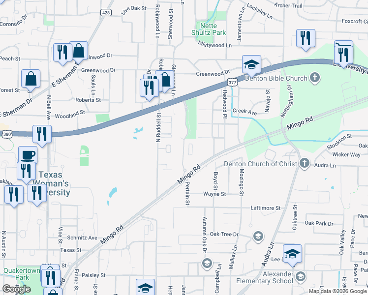 map of restaurants, bars, coffee shops, grocery stores, and more near 1400 East University Drive in Denton
