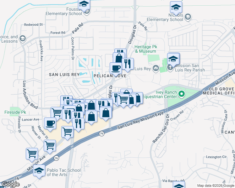 map of restaurants, bars, coffee shops, grocery stores, and more near 82 Shirle Lane in Oceanside