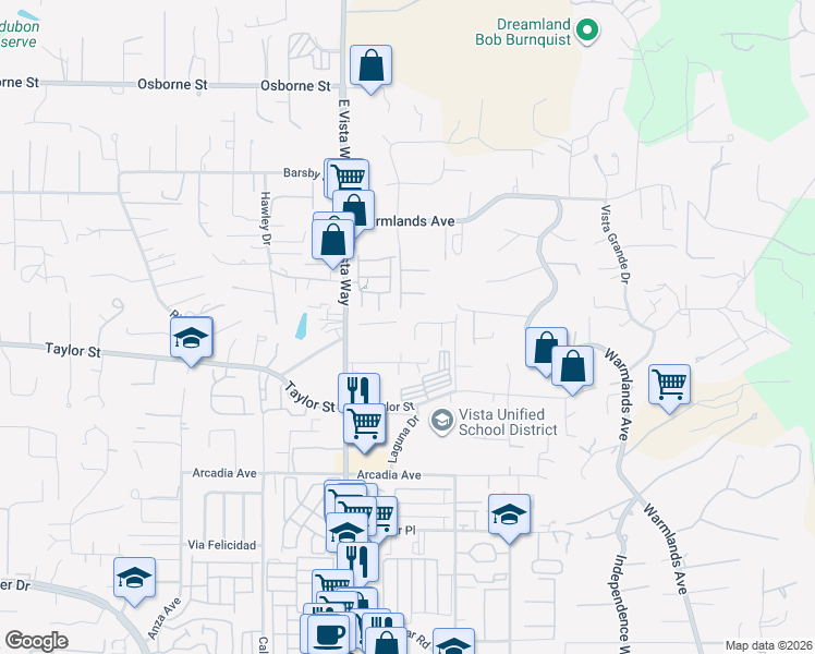 map of restaurants, bars, coffee shops, grocery stores, and more near 1892 Autumn Lane in Vista