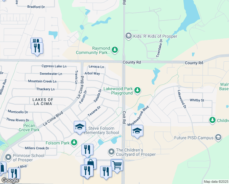 map of restaurants, bars, coffee shops, grocery stores, and more near 2240 Nocona Drive in Prosper