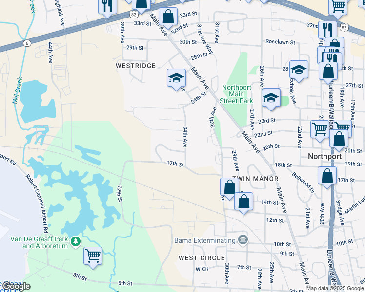 map of restaurants, bars, coffee shops, grocery stores, and more near 1930 34th Avenue in Northport