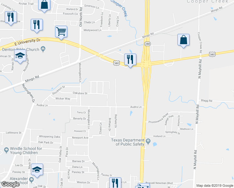 map of restaurants, bars, coffee shops, grocery stores, and more near 1304 Bayfield Street in Denton