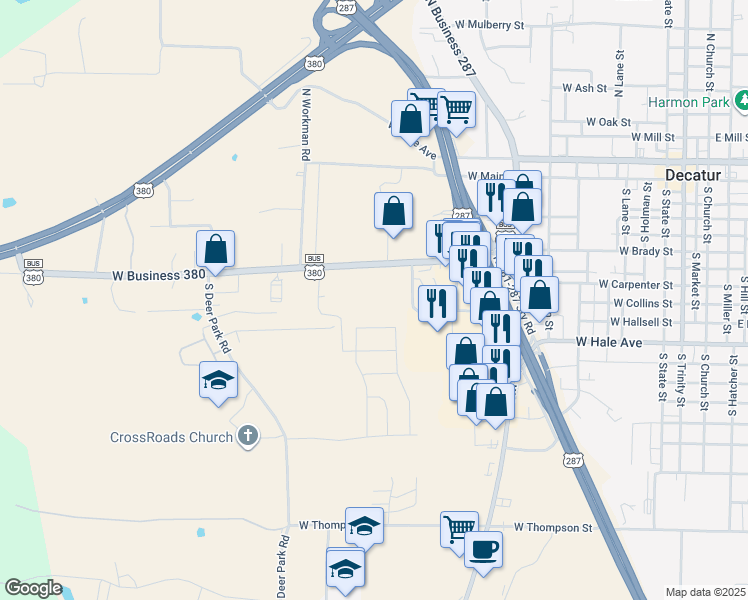 map of restaurants, bars, coffee shops, grocery stores, and more near 1201 U.S. 380 Business in Decatur