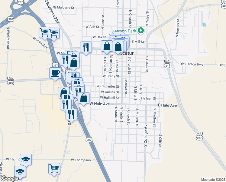 map of restaurants, bars, coffee shops, grocery stores, and more near 304 West Collins Street in Decatur