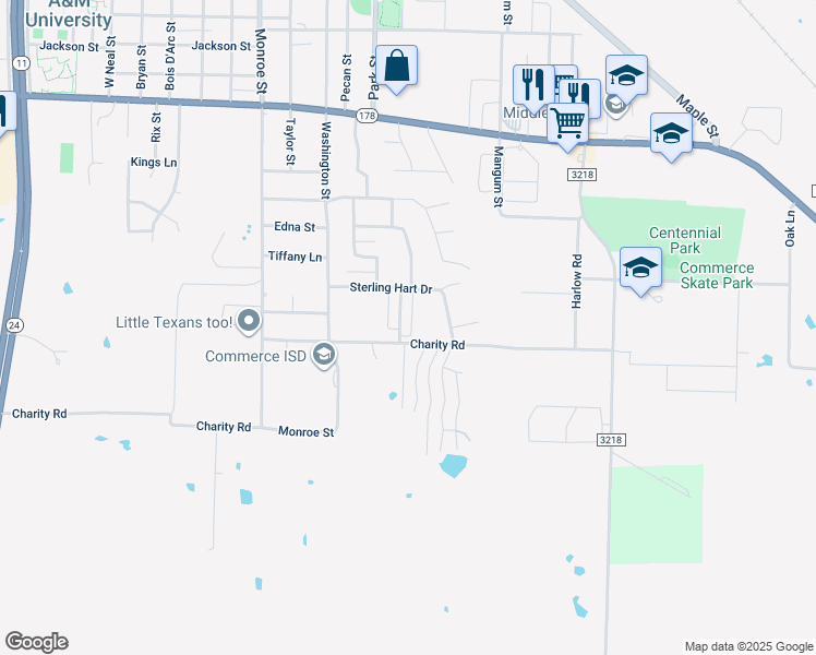 map of restaurants, bars, coffee shops, grocery stores, and more near 2400 Charity Road in Commerce