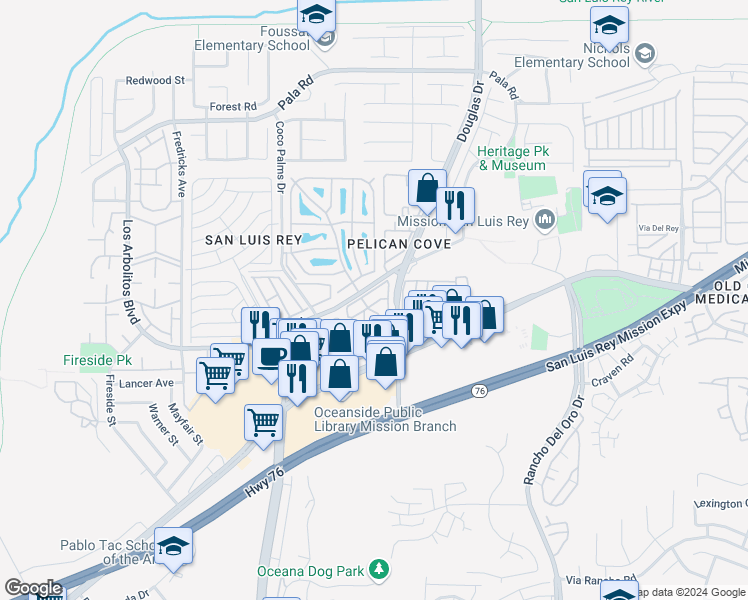 map of restaurants, bars, coffee shops, grocery stores, and more near 65 Madra Lane in Oceanside
