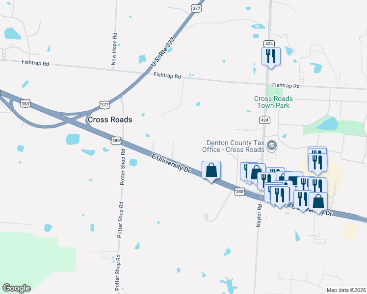 map of restaurants, bars, coffee shops, grocery stores, and more near 7900 U.S. 380 in Cross Roads