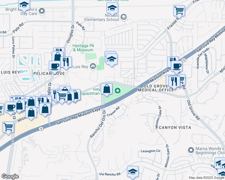 map of restaurants, bars, coffee shops, grocery stores, and more near 110 Rancho Del Oro Drive in Oceanside