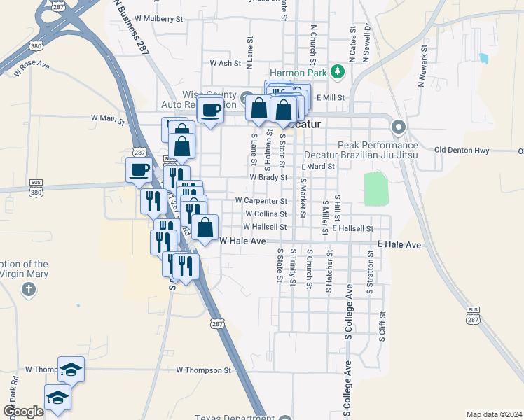 map of restaurants, bars, coffee shops, grocery stores, and more near 304 West Collins Street in Decatur