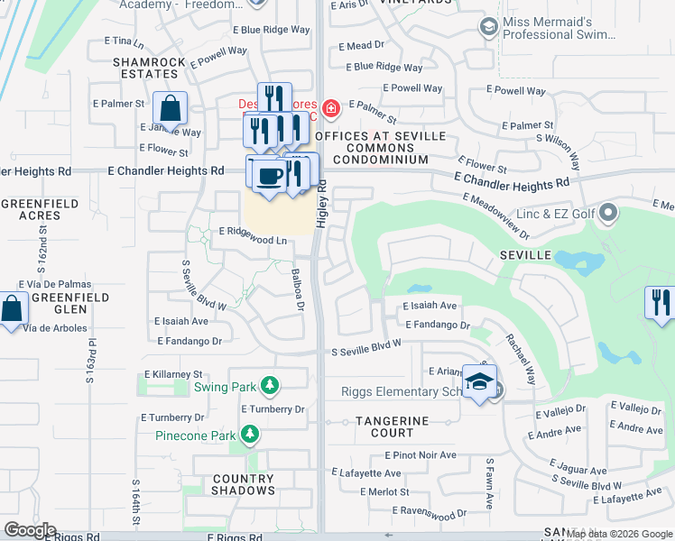 map of restaurants, bars, coffee shops, grocery stores, and more near 3235 East Virgil Drive in Gilbert