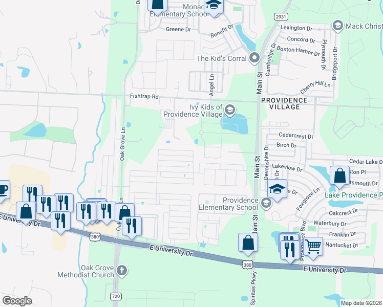 map of restaurants, bars, coffee shops, grocery stores, and more near 2300 Pyrite Drive in Krugerville