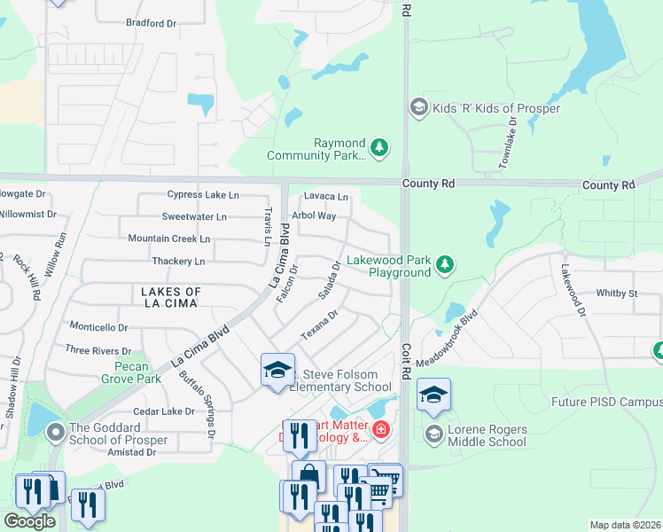 map of restaurants, bars, coffee shops, grocery stores, and more near 2160 Nocona Drive in Prosper